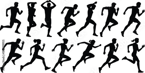 Running silhouette vector set, athletic motion poses, male female joggers, dynamic stride illustration, sports movement, cad drawing flat vector illustration
