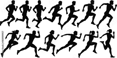 Running silhouettes, athletic motion, dynamic poses, human stride, sports training, jogging figures, fitness movement, track runners, sprint action, exercise illustration