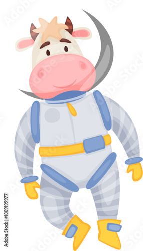 Cartoon cow astronaut flying in outer space