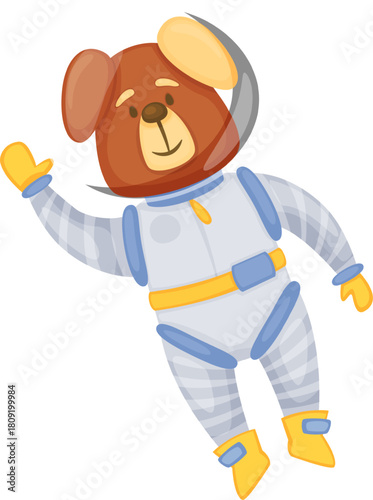 Cute cartoon dog astronaut character floating in spacesuit