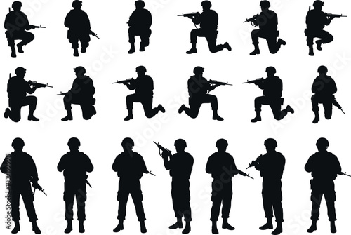 Silhouette soldiers with rifles in tactical poses, military combat stances, army vector icons, cad drawing flat vector illustration