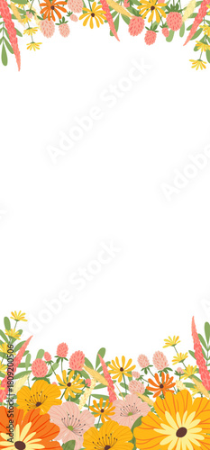Colorful spring flowers blooming vector illustration border