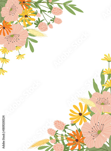 Summer floral corner frame with colorful blooming flowers