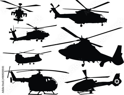 Vector collection of helicopter silhouettes, military and civilian aircraft, black flying vehicle icons, air transport aviation, rescue copter illustrations set
