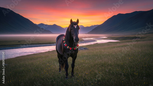 Wallpaper Mural Horse with Flower Garlands in Field at Sunrise Torontodigital.ca
