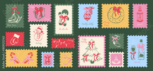 Beautiful vintage set of hand-drawn Christmas stamps and stickers with a Christmas tree, bows, glasses of champagne, gifts, gingerbread, baubles, and candy. Xmas celebration postmarks. Vector.