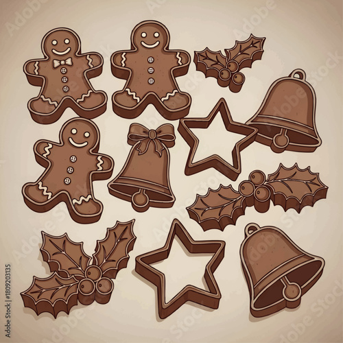Christmas themed illustration featuring gingerbread men, bells, holly, and star cookie cutters arranged on a beige background.