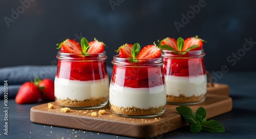 Delicious strawberry cheesecake jars on wooden serving board
