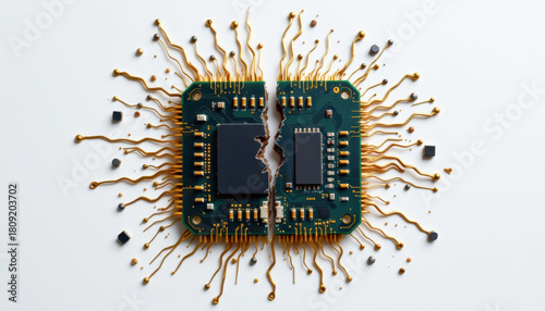 Broken Circuit Board with Radiating Gold Wires