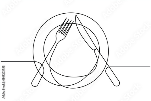 One continuous line art drawing of fork, knife and plate design. Single line art of food tools for restaurant menu, poster or banner in linear minimalist design vector illustration

