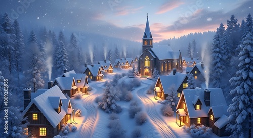 Winter wonderland village scene with snow covered houses and church in a serene landscape evening view