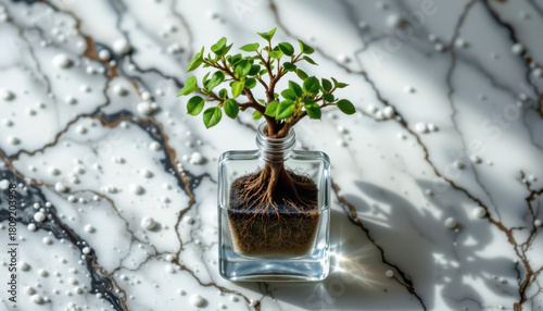 Lush Green Plant Glass Container Marble Surface