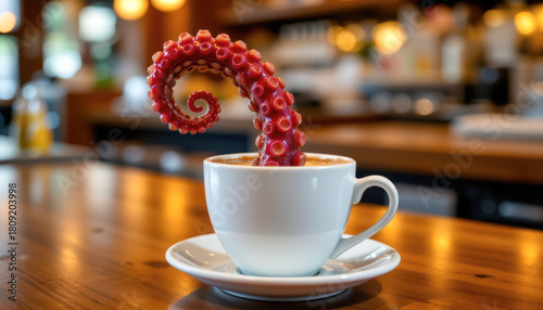 Surreal Cup with Pink Tentacle Wooden Table