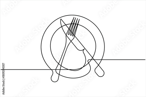 One continuous line art drawing of fork, knife and plate design. Single line art of food tools for restaurant menu, poster or banner in linear minimalist design vector illustration
