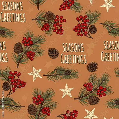 Festive Christmas-themed pattern featuring pine branches, red berries, pinecones, and star ornaments with text.