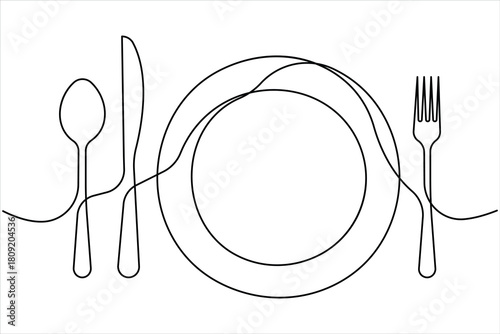 One continuous line art drawing of fork, spoon, knife and plate design. Single line art of food tools for restaurant menu, poster or banner in linear minimalist design vector illustration