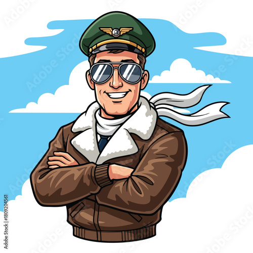 Cheerful cartoon pilot with aviator sunglasses
