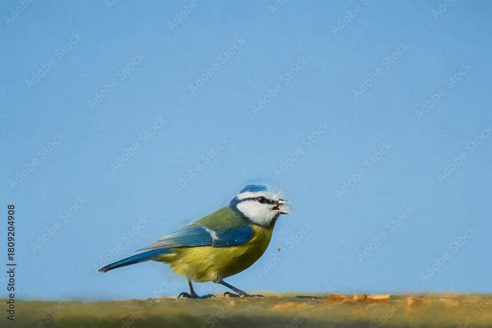 Naklejka premium Digital illustration of an Eurasian Blue Tit standing on a wall feeding on seed.