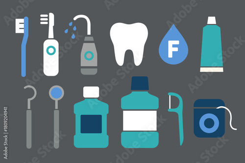 Dental care icon set featuring toothbrushes, mouthwash, floss & tools. Use for healthcare marketing, dental clinics, hygiene education and medical infographics.
