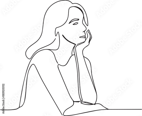 Minimalist Continuous Line Drawing of a Thoughtful Woman Resting Chin on Hand
