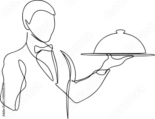 Minimalist Continuous Line Drawing of a Waiter Holding a Covered Serving Tray