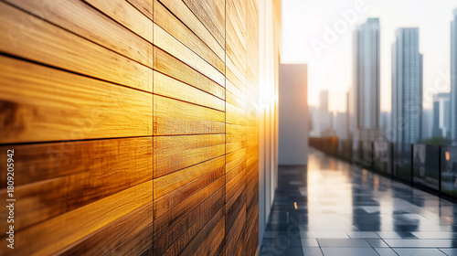 Modern wooden architecture in urban streets at sunset Generative AI