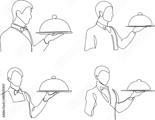 Set of Minimalist Continuous Line Drawing of a Waiter Holding a Covered Serving Tray
