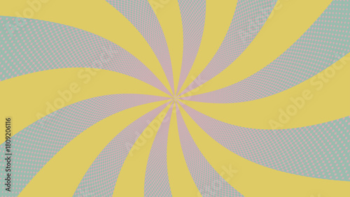 Illustration with yellow swirling concentric lines and halftone dots with gradation as background