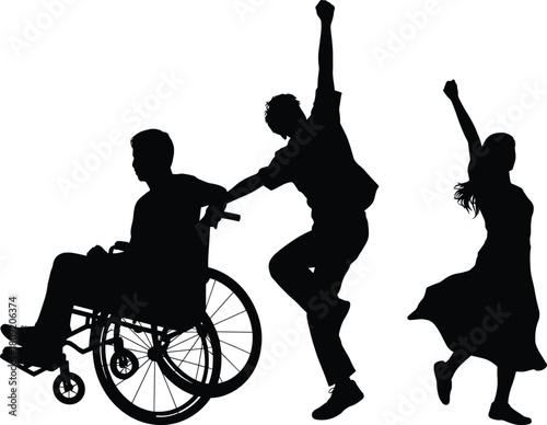 Black silhouette of disabled man in wheelchair and happy friends dancing together, celebrating inclusion and diversity, isolated on white background, vector illustration