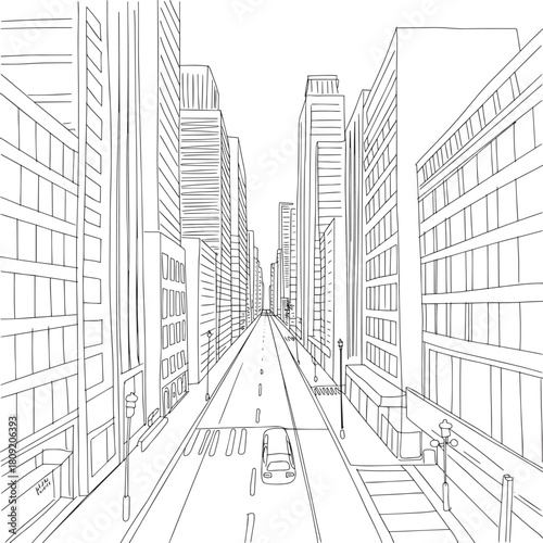 Cityscape with buildings street and roads perspective view with cars driving outline
