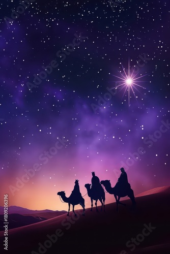 Epiphany three kings day celebration with majestic night sky and shining star. Vertical banner. Copy space. Star of Bethlehem, or Christmas Star