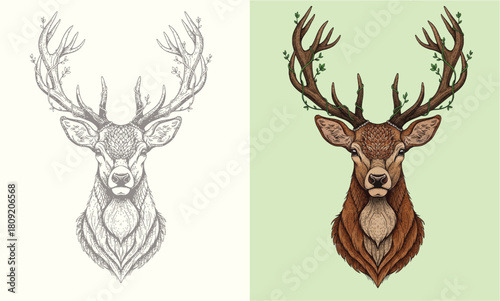 Vintage Engraving Stag Deer Head with Antlers and Vines