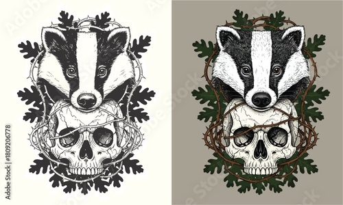 Vintage Engraving Badger and Skull with Oak Leaves Graphic
