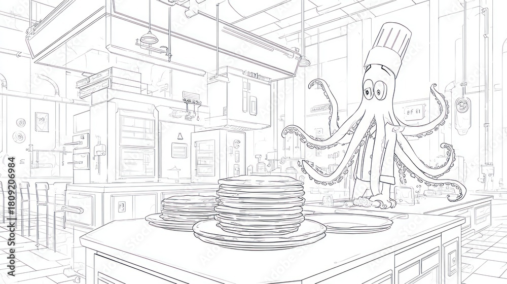 Fototapeta premium Animated line art of a chef octopus in a commercial kitchen preparing a stack of pancakes