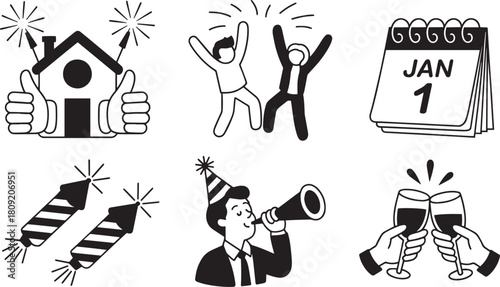 New year celebration doodle set with home, people, calendar and drinks, vector art