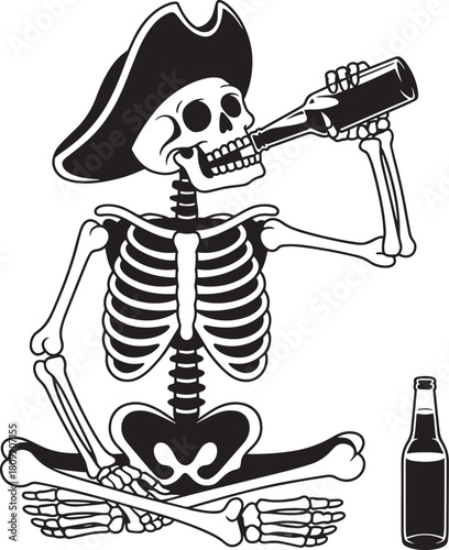Pirate skeleton drinking alcohol from bottle with bones vector illustration