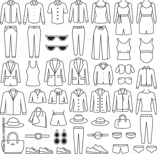 Seamless pattern with outlines of clothes apparel and fashion accessories theme