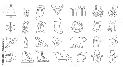Outlined christmas themed drawings including santa reindeer and snowman