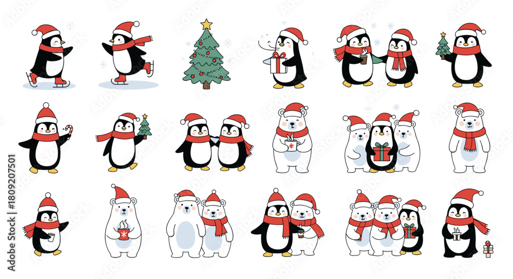 Fototapeta premium Illustrations of penguins, polar bears, and christmas tree in winter