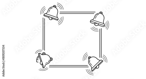 Illustration of a square frame with ringing bells at each of the corners