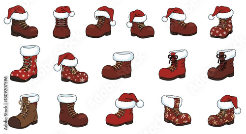 Collection of christmas boots with santa hats and various decorations