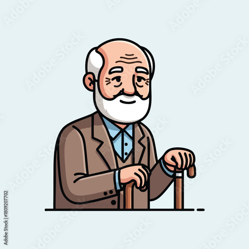 Smiling Elderly Man with Walking Stick Cartoon Illustration