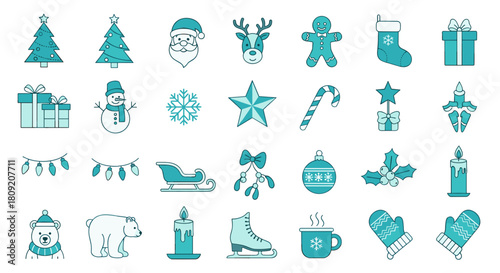 Collection of christmas themed icons including trees santa and reindeer