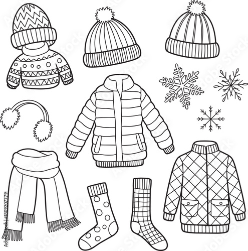 Winter clothes and accessories vector set with jacket, sweater, scarf, socks etc