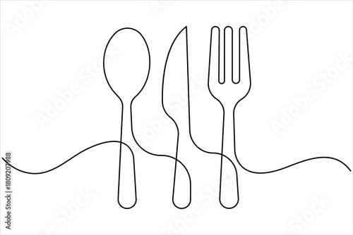 One continuous line art drawing of fork, spoon and knife design. Single line art of food tools for restaurant menu, poster or banner in linear minimalist design vector illustration
