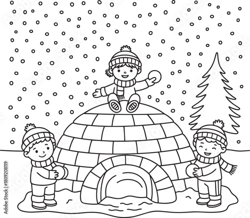 Winter season activity illustration with kids playing building igloo and throwing snowballs