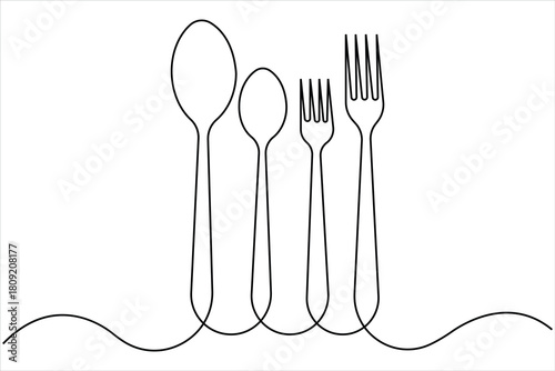 One continuous line art drawing of spoon and fork set design. Single line art of food tools for restaurant menu, poster or banner in linear minimalist design vector illustration

