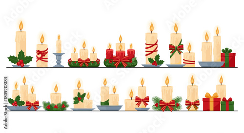 Collection of christmas candles decorated with bows and holly arranged well