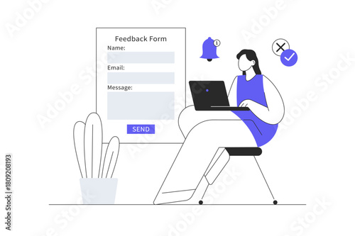 Feedback page concept. Woman giving review and filling webpage form with client experience. Flat Cartoon Vector Illustration, icon Stylish abstract design landing page web