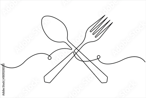 One continuous line art drawing of spoon and fork design. Single line art of food tools for restaurant menu, poster or banner in linear minimalist design vector illustration
